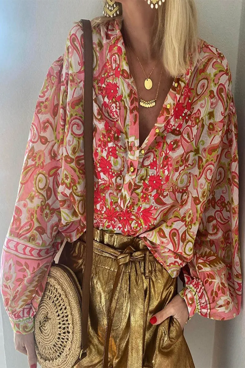 Elegant Floral Buckle Buttons V Neck Tops