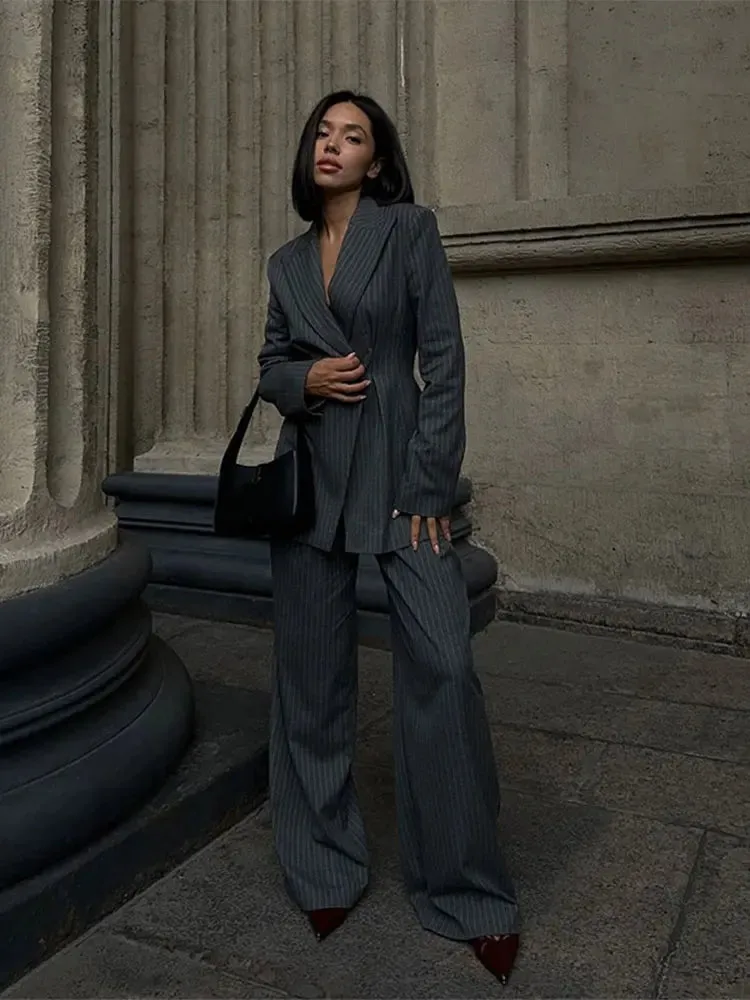 Elegant Gray Pinstripe Blazer with Lapel for Women