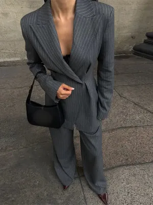 Elegant Gray Pinstripe Blazer with Lapel for Women
