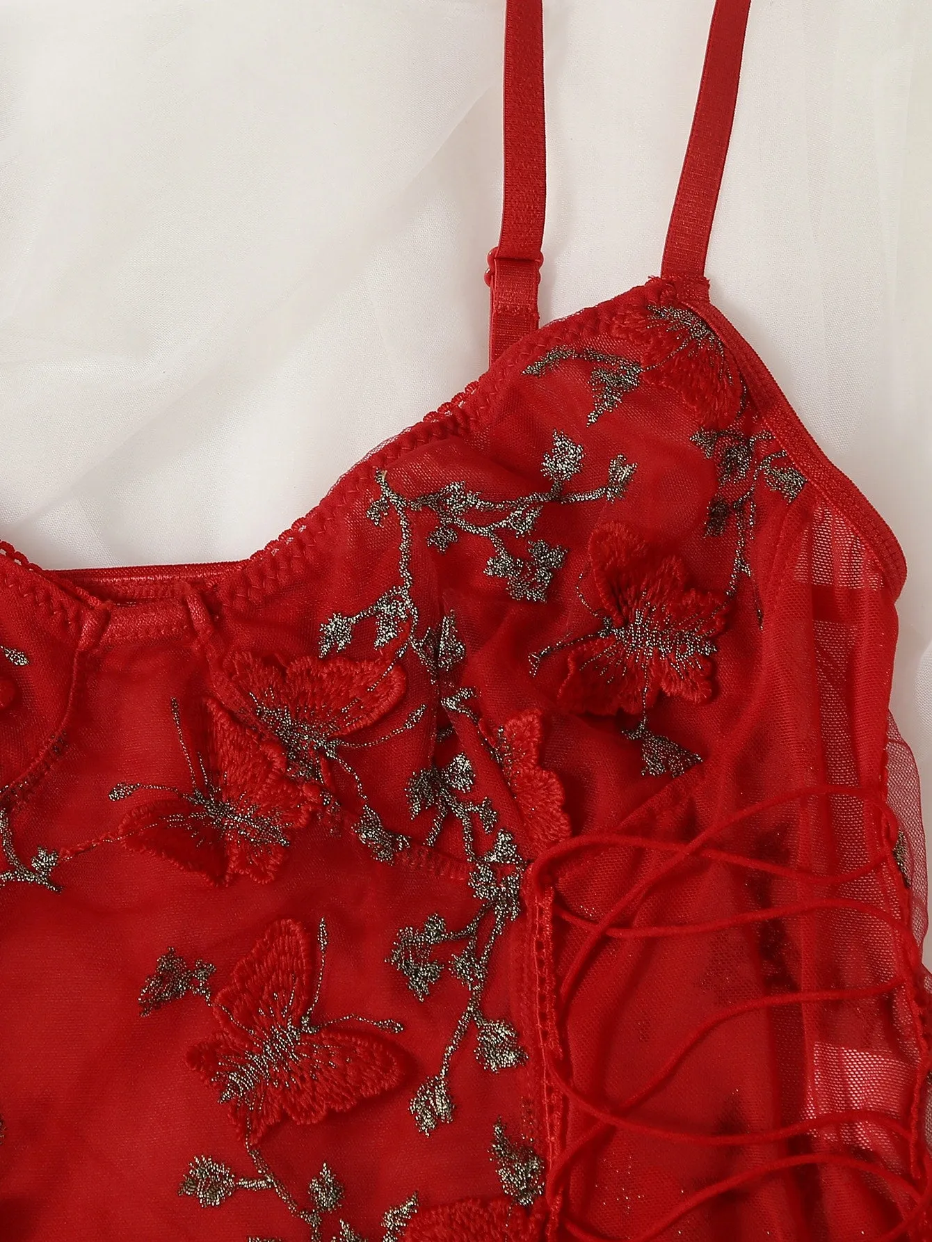 Embroidered Butterfly Mesh Lace-Up Teddy Bodysuit