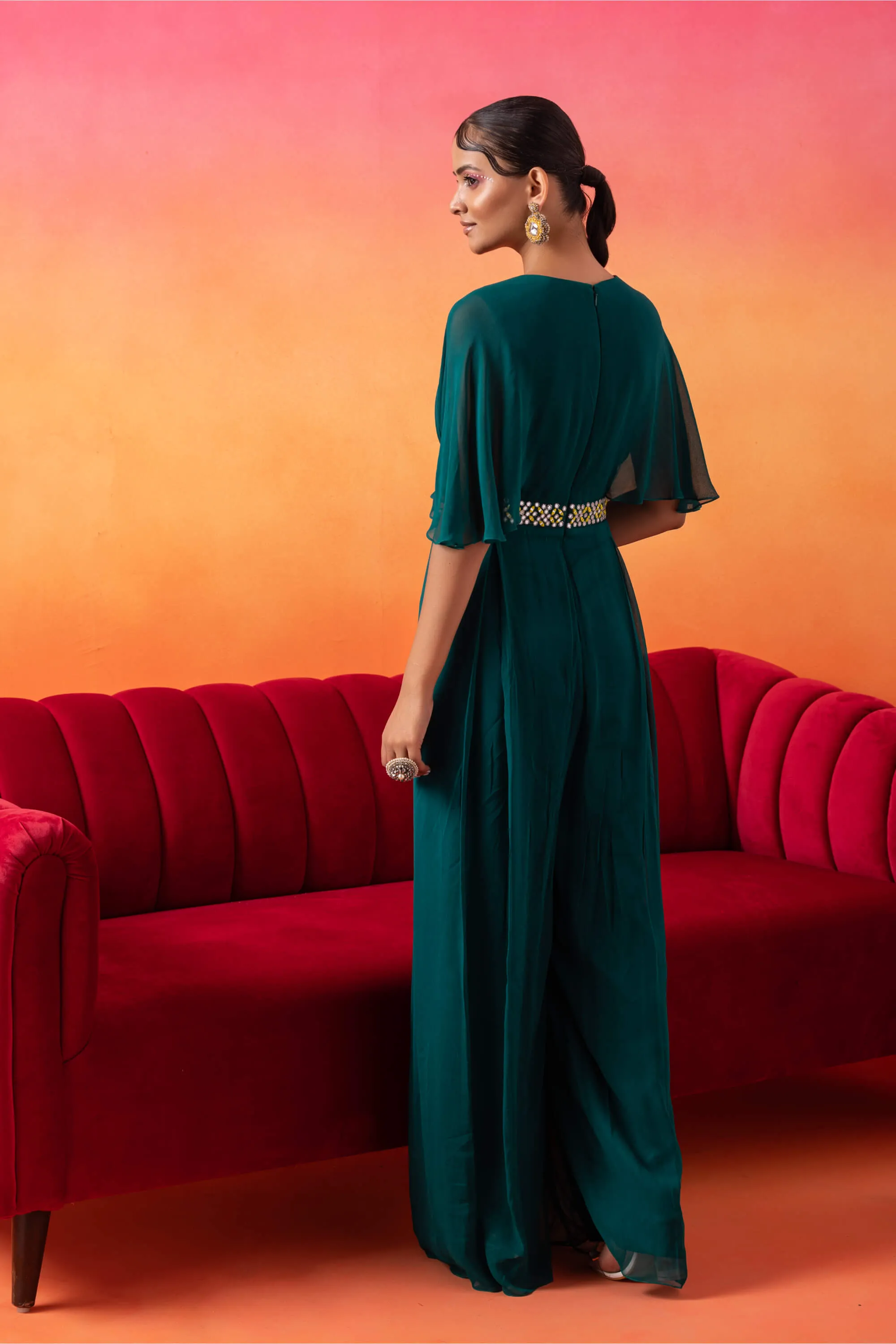 Emerald green pre-draped jumpsuit