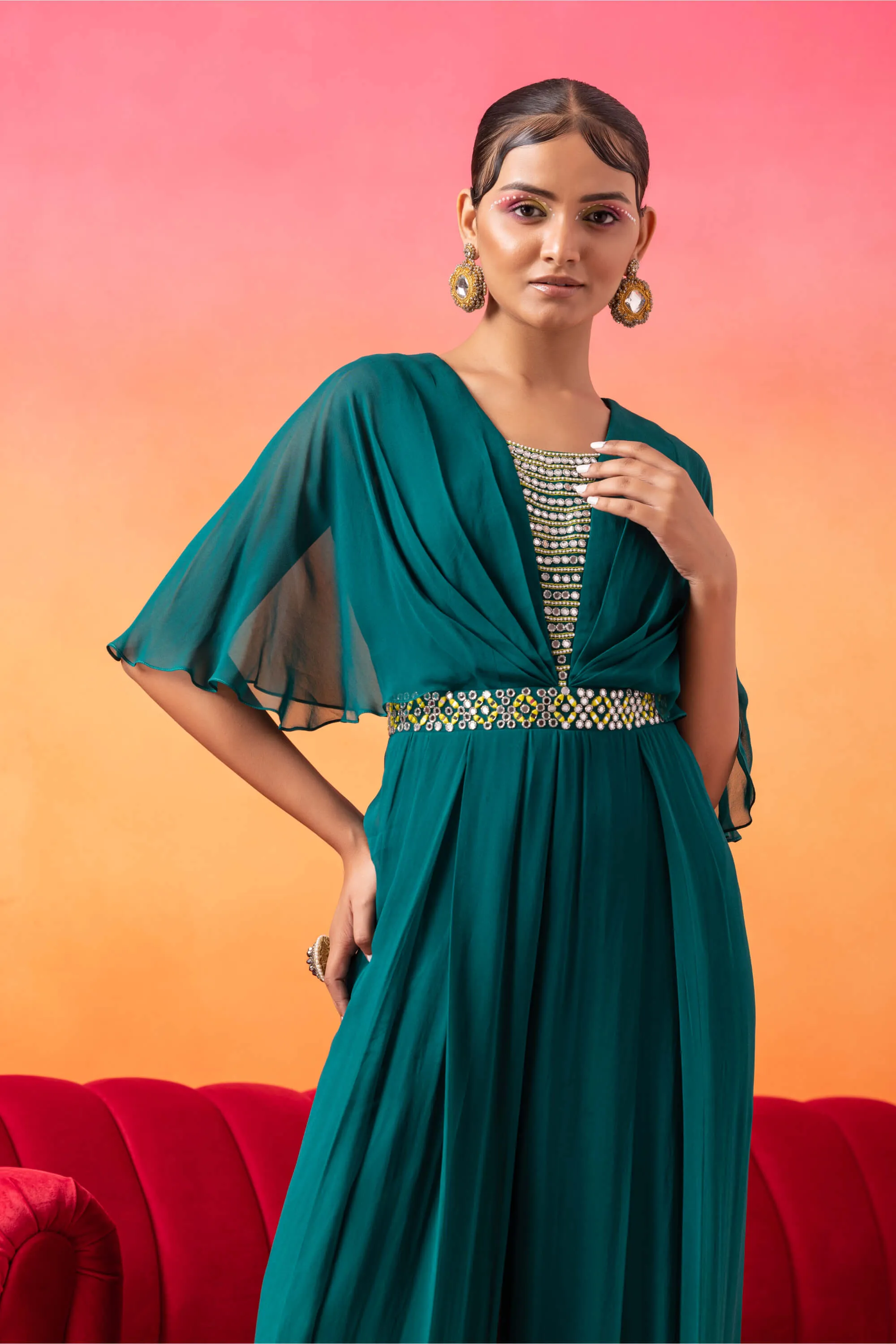 Emerald green pre-draped jumpsuit
