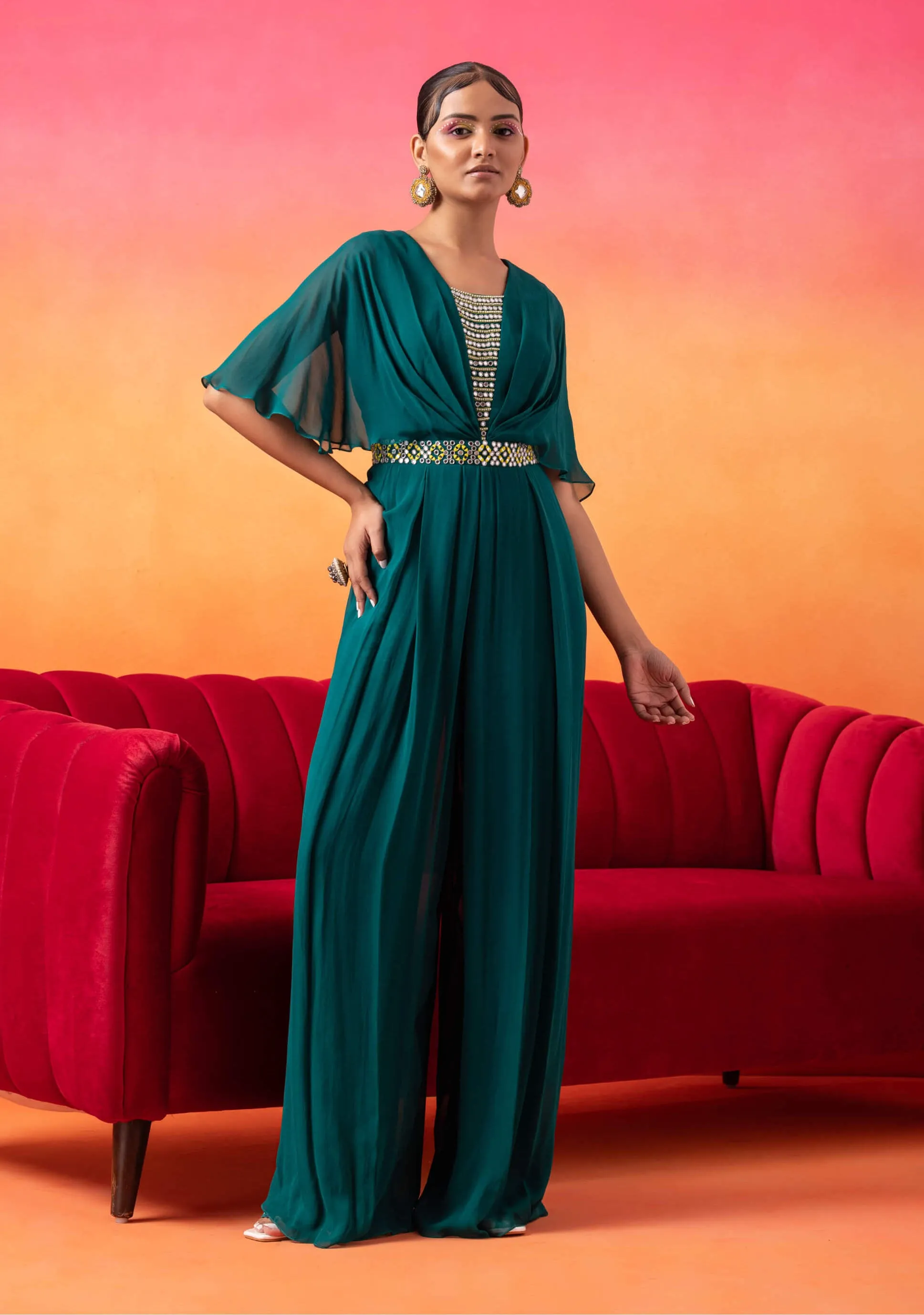 Emerald green pre-draped jumpsuit