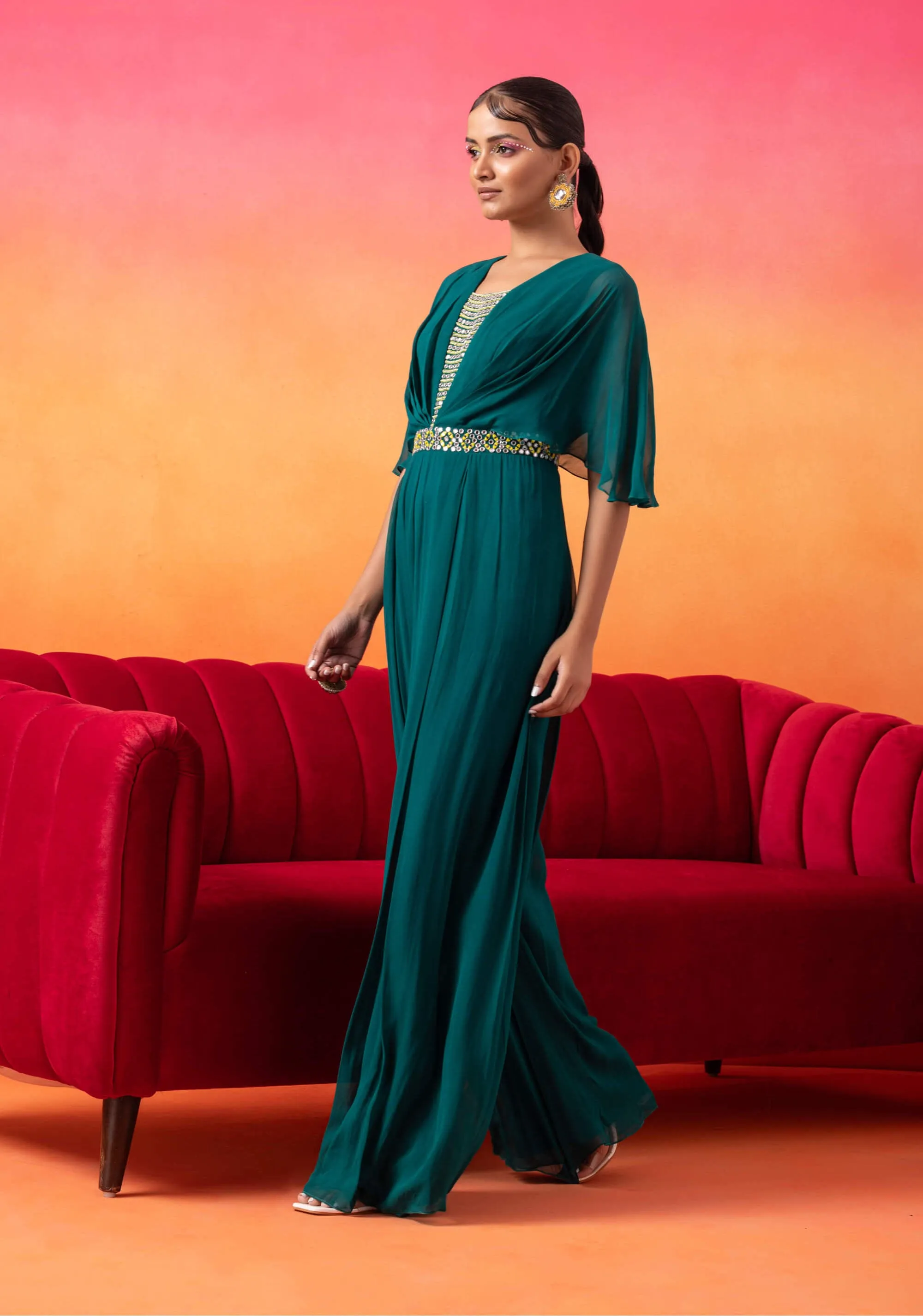 Emerald green pre-draped jumpsuit