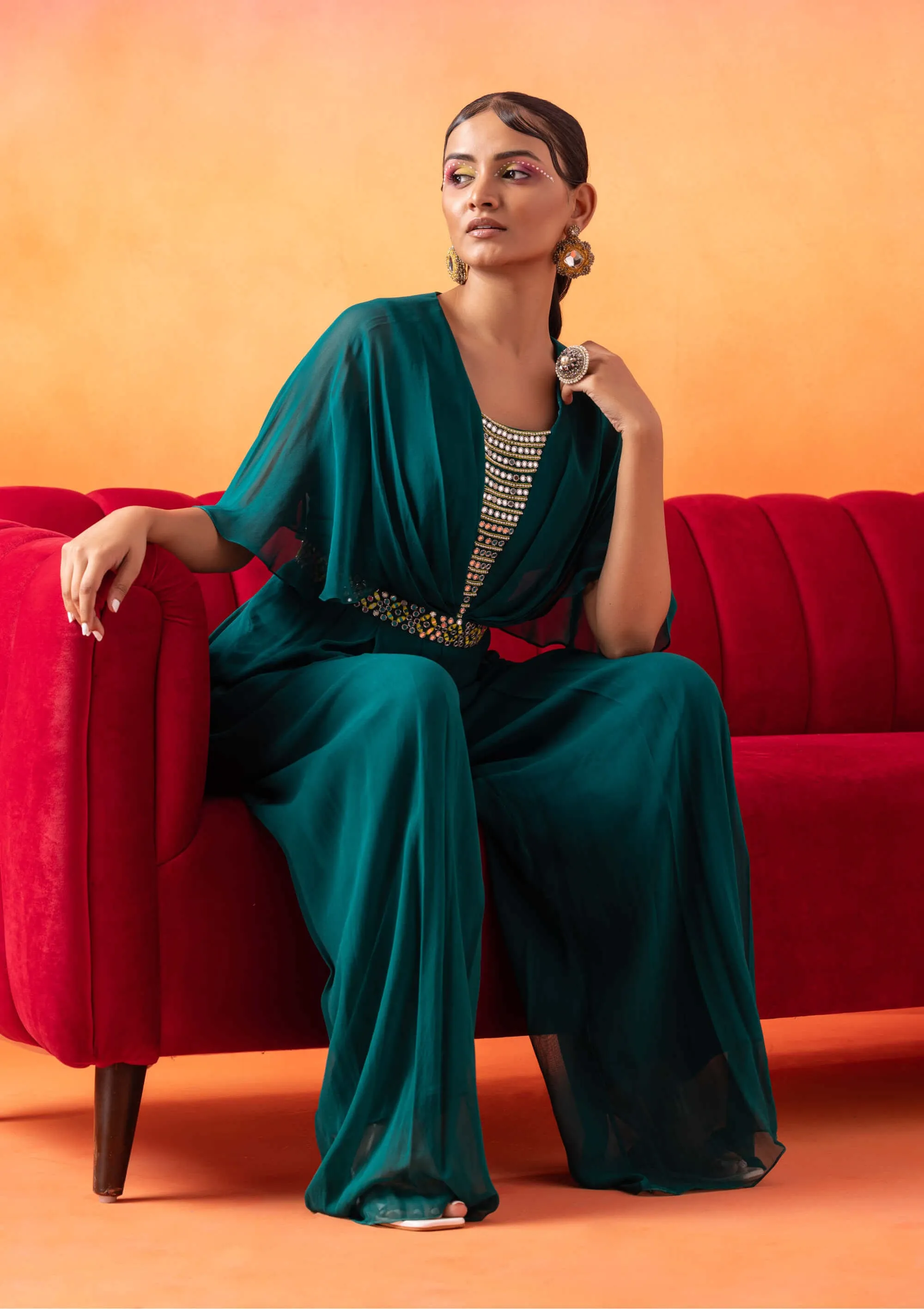 Emerald green pre-draped jumpsuit