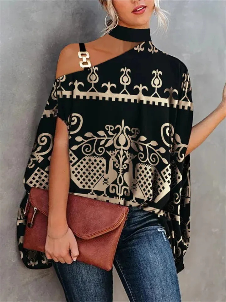 Estafania - Bat-sleeved summer T-shirt with print