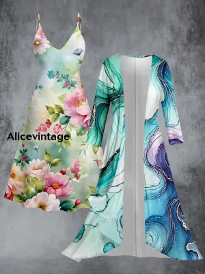 Floral Art Print Vintage Elegant Suspender Dress Two Piece Sets