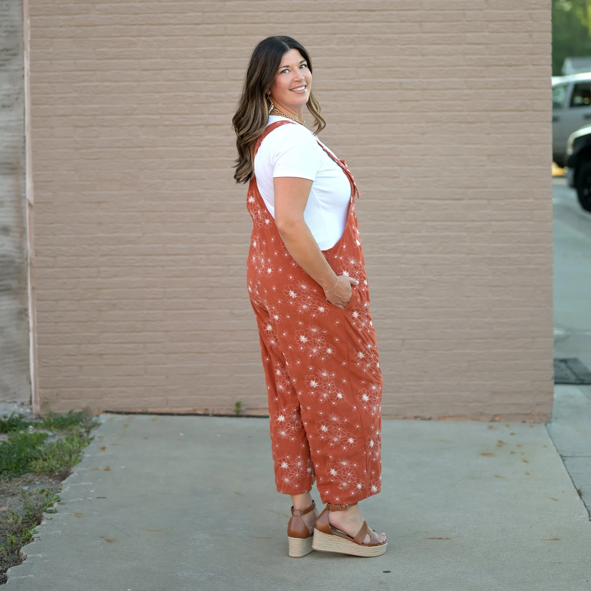 Floral Embroidered Overalls