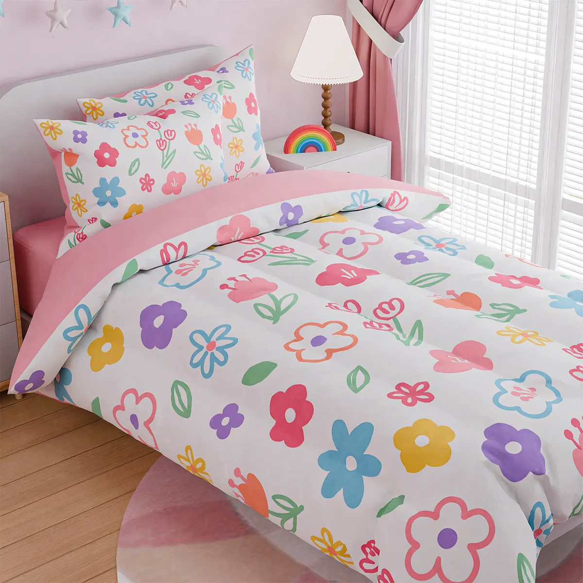 Floral Full Bedding Sets for Girl, Ultra Soft Microfiber Comforter Bed Set with 4-Pieces, Flower Comforters Sets for Kids Children Girl Teen Tween Bedroom Decor