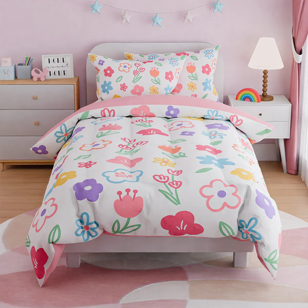 Floral Full Bedding Sets for Girl, Ultra Soft Microfiber Comforter Bed Set with 4-Pieces, Flower Comforters Sets for Kids Children Girl Teen Tween Bedroom Decor