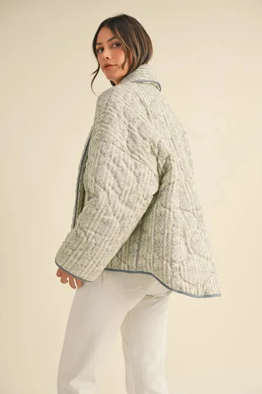 Floral Printed Quilted Open Front Jacket