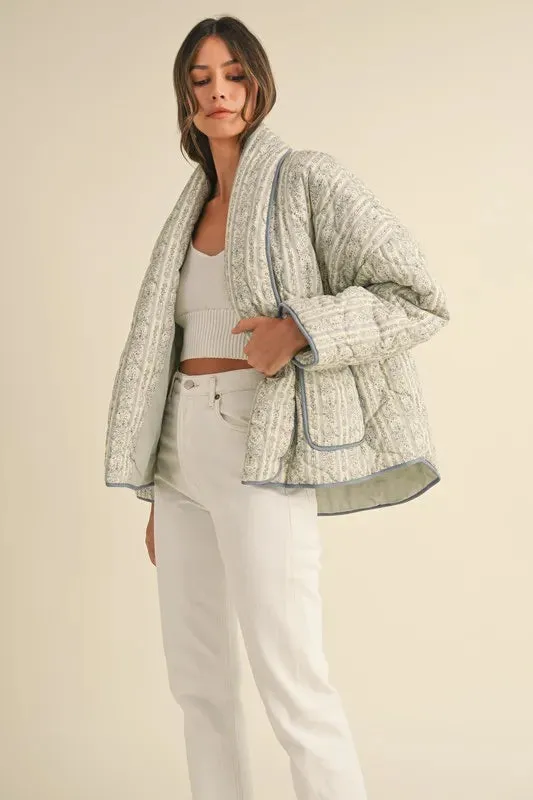 Floral Printed Quilted Open Front Jacket