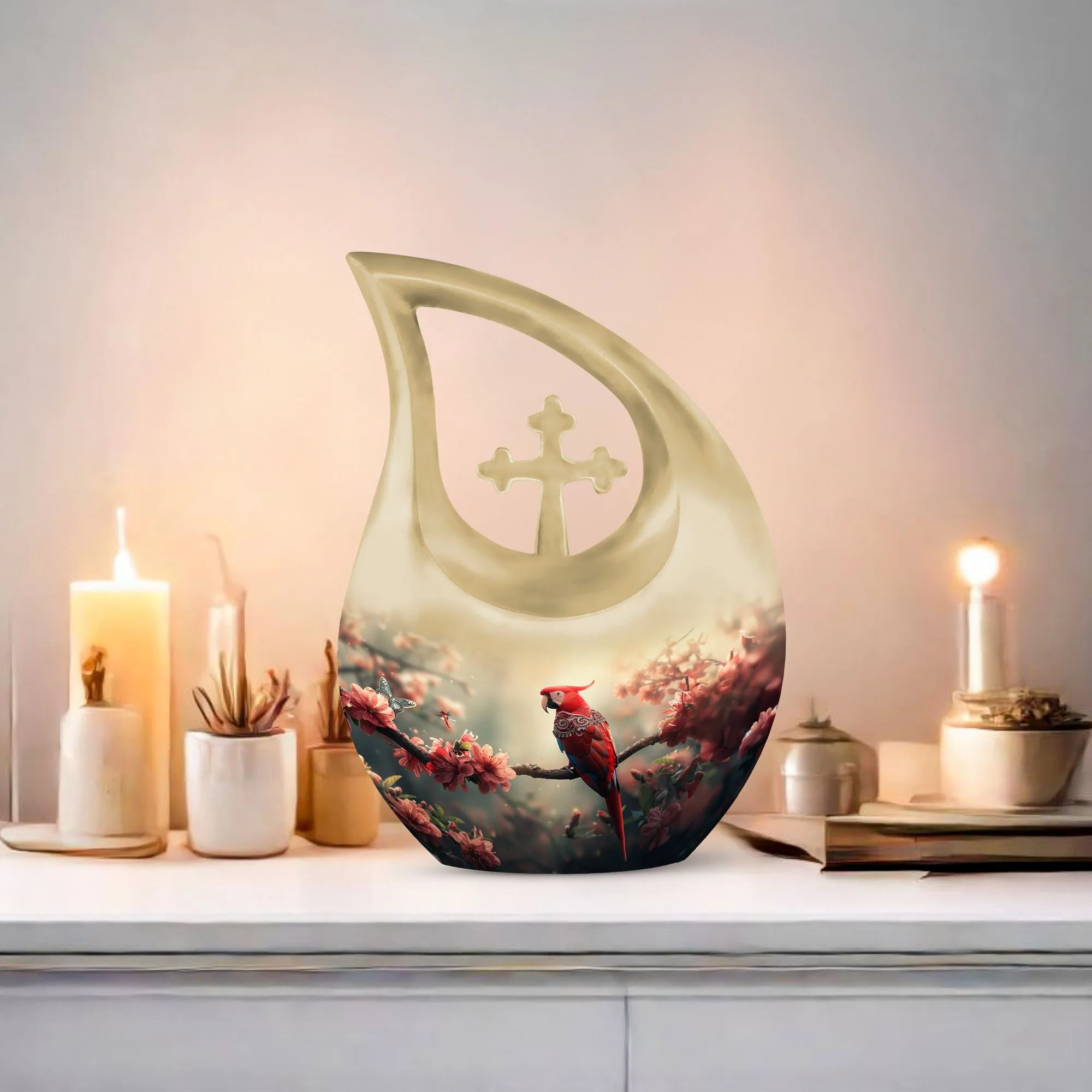 Floral Scarlet Tribute - Elegant Memorial Urn Designed for Women