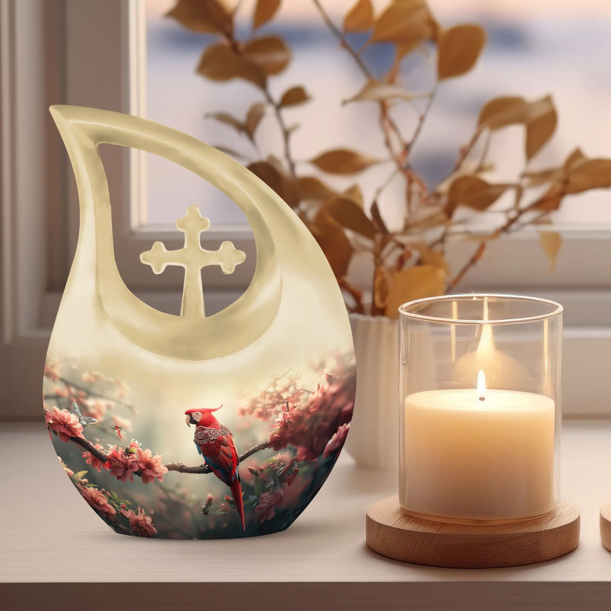Floral Scarlet Tribute - Elegant Memorial Urn Designed for Women