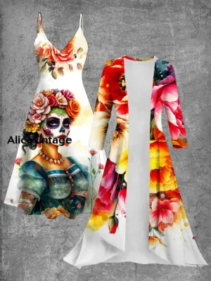 Floral Skull Art Print Vintage Elegant Slip Dress Two Piece Sets