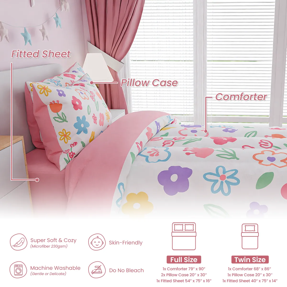Floral Twin Bedding Sets for Girl, Ultra Soft Microfiber Comforter Bed Set with 3-Pieces, Flower Comforters Sets for Kids Children Girl Teen Tween Bedroom Decor