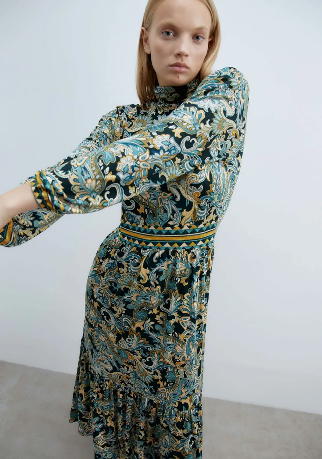 Funnel Neck Viscose Dress - Light Green