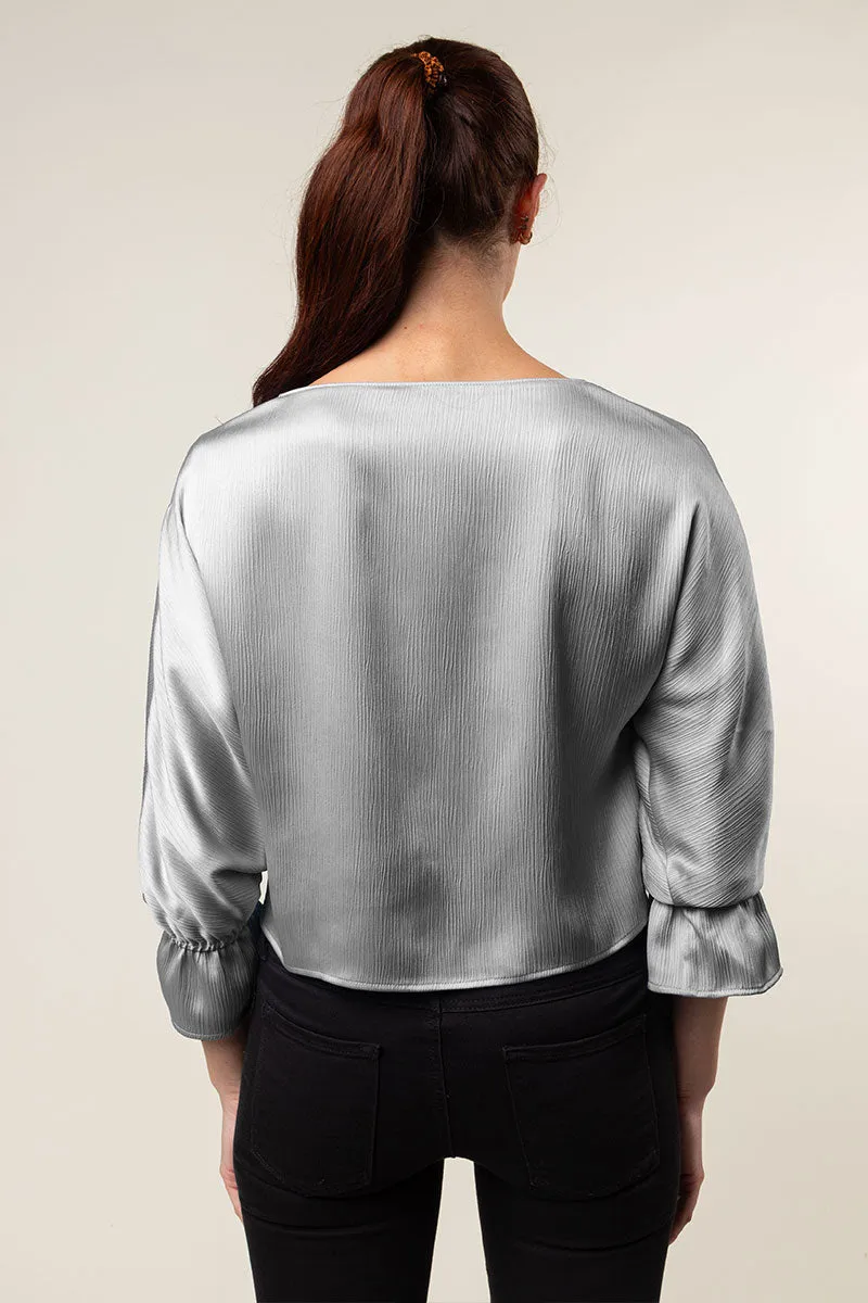 Gathered Cuff Sleeves Blouse in Crinkle Satin