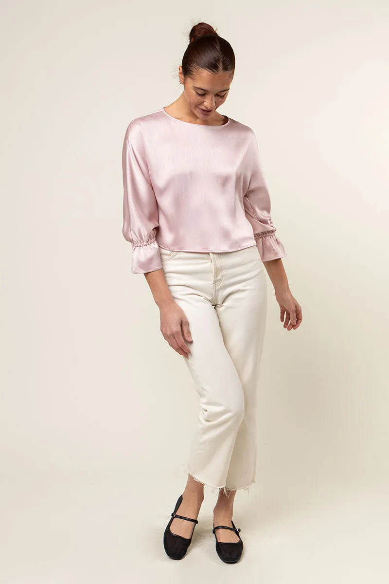 Gathered Cuff Sleeves Blouse in Crinkle Satin