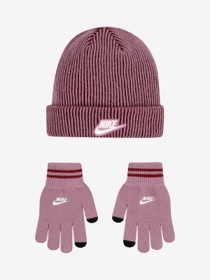 Girls Two Tone Rib Beanie and Glove Set in Purple