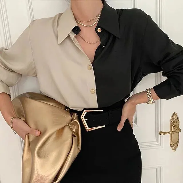 Gladys - Schickes Herbst Elegantes Schwarz-Braunes Vintage Hemd für Damen