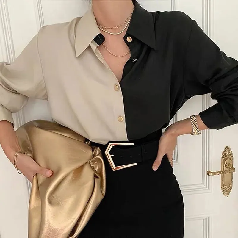 Gladys - Schickes Herbst Elegantes Schwarz-Braunes Vintage Hemd für Damen