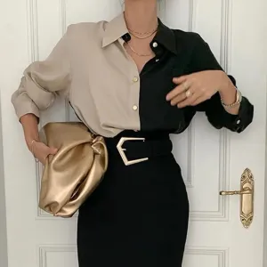 Gladys - Schickes Herbst Elegantes Schwarz-Braunes Vintage Hemd für Damen
