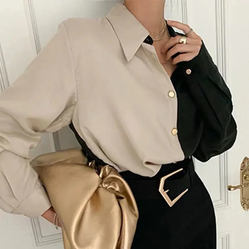 Gladys - Schickes Herbst Elegantes Schwarz-Braunes Vintage Hemd für Damen