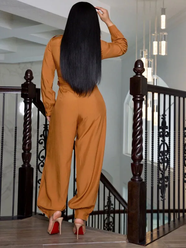 Gorgeousladie Solid Button-Front Belted Jumpsuit