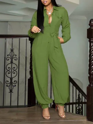 Gorgeousladie Solid Button-Front Belted Jumpsuit