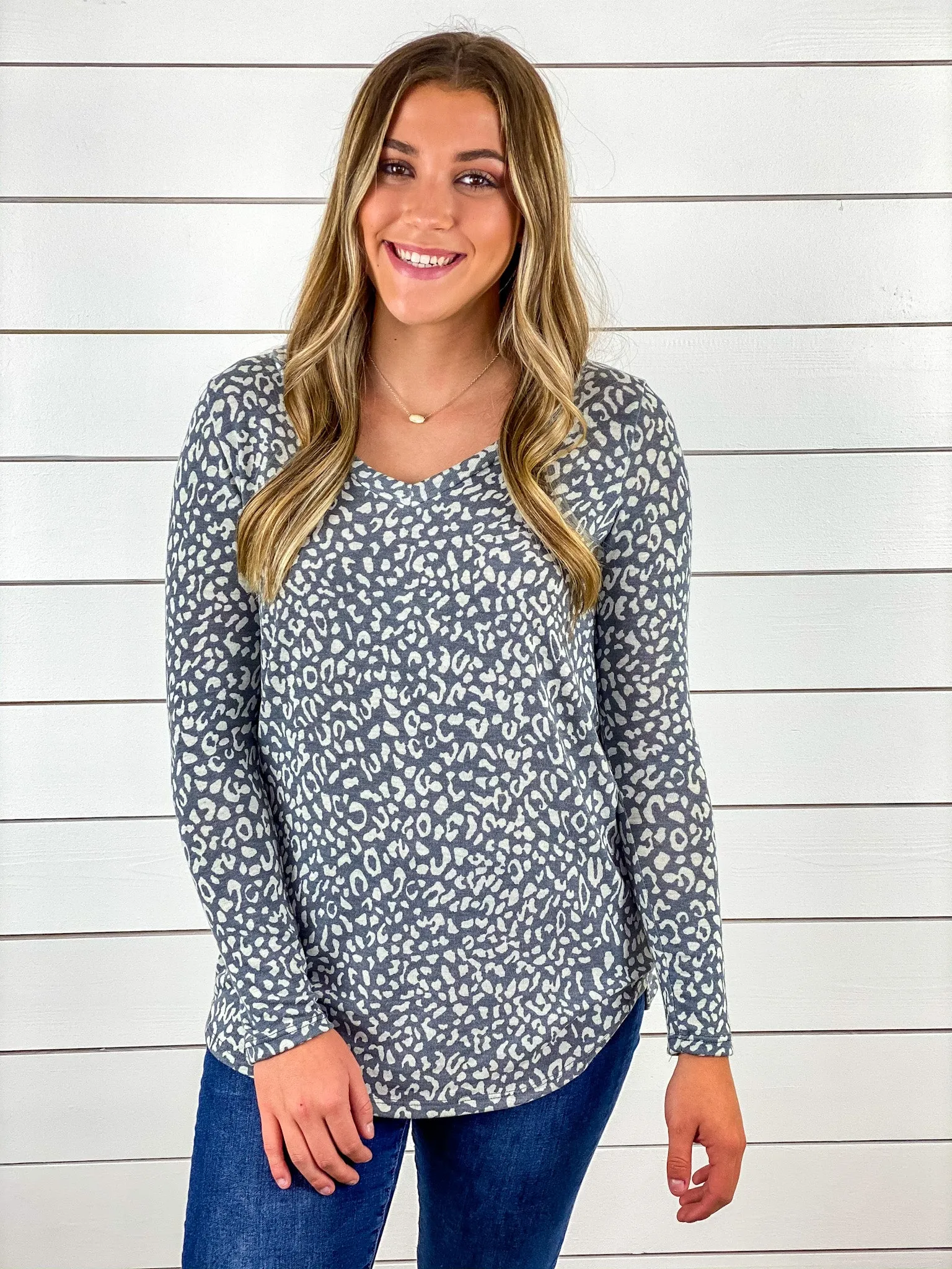 Gray Leopard Print V Neck Top - Restocked!!
