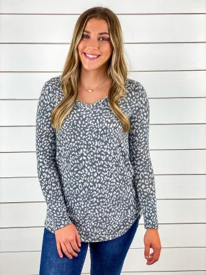 Gray Leopard Print V Neck Top - Restocked!!