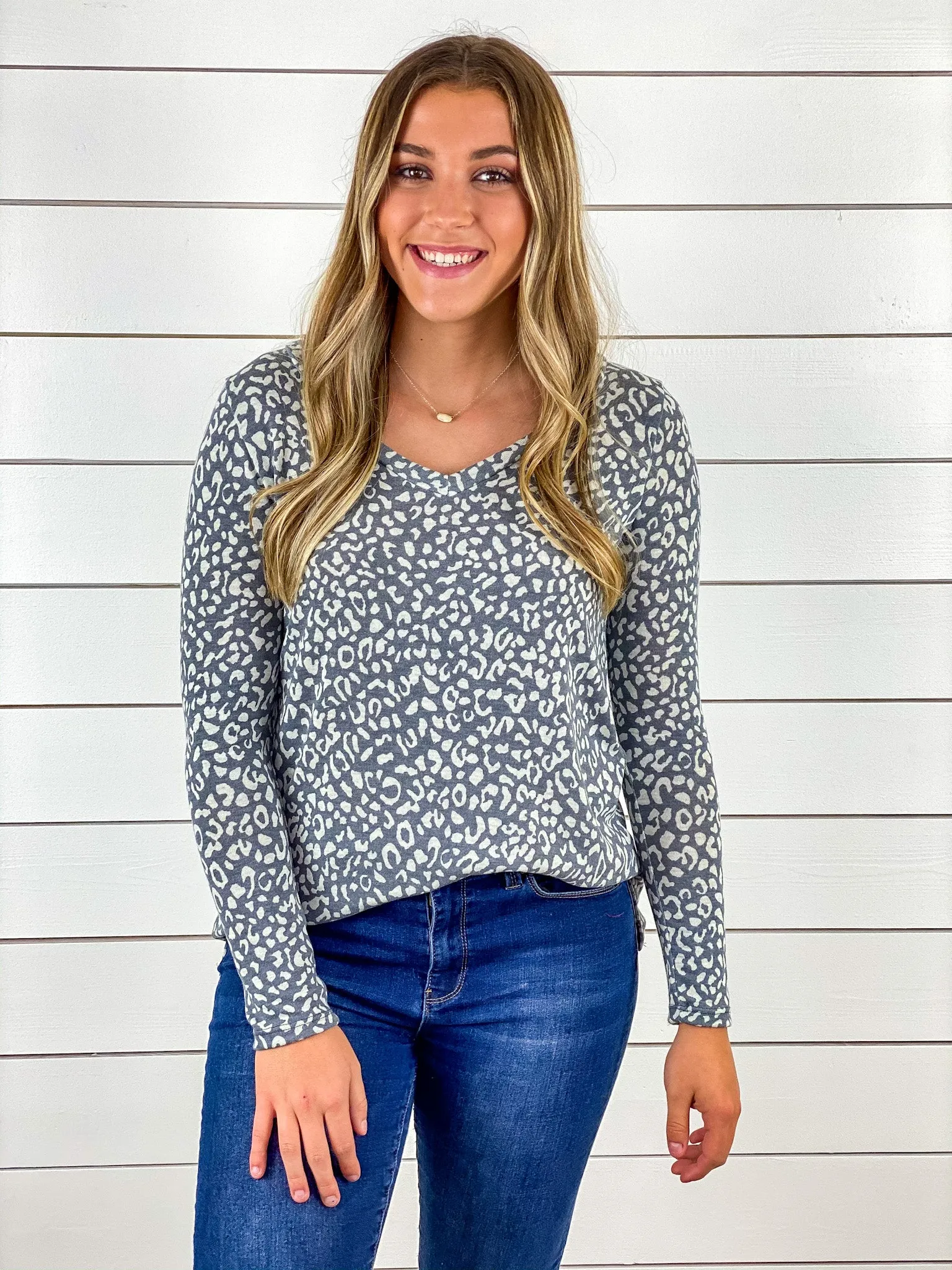 Gray Leopard Print V Neck Top - Restocked!!