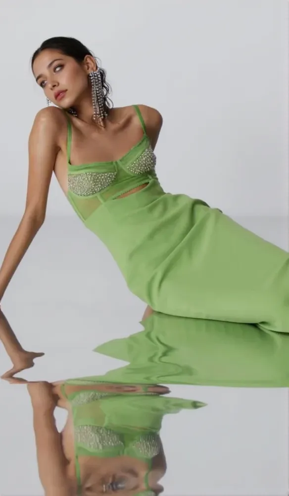 GREEN BEADING BANDAGE MIDI DRESS