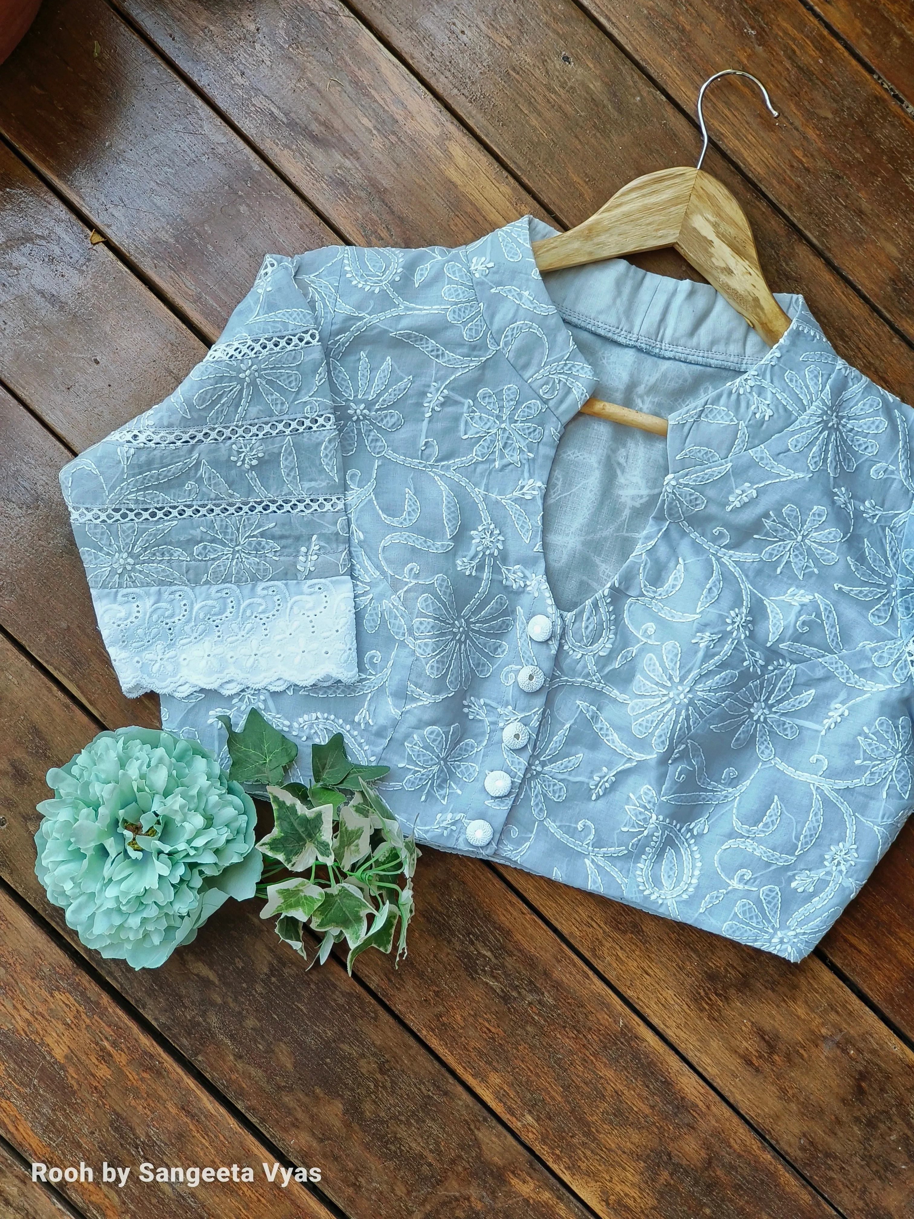 Grey Chikankari Blouse With Lace Sleeves