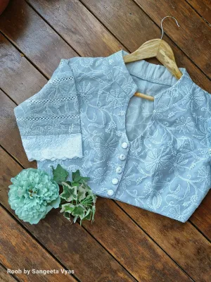 Grey Chikankari Blouse With Lace Sleeves