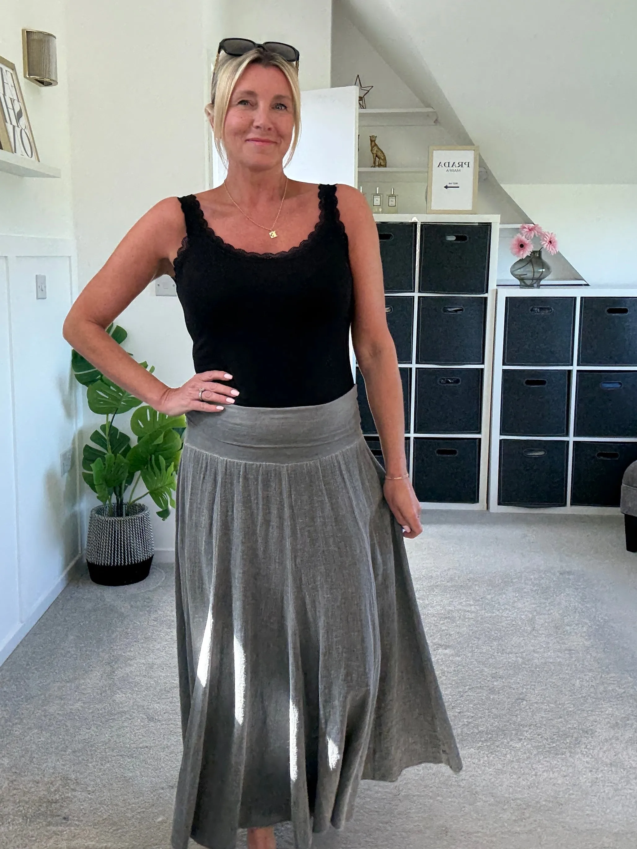 Grey Washed Linen Panel Skirt