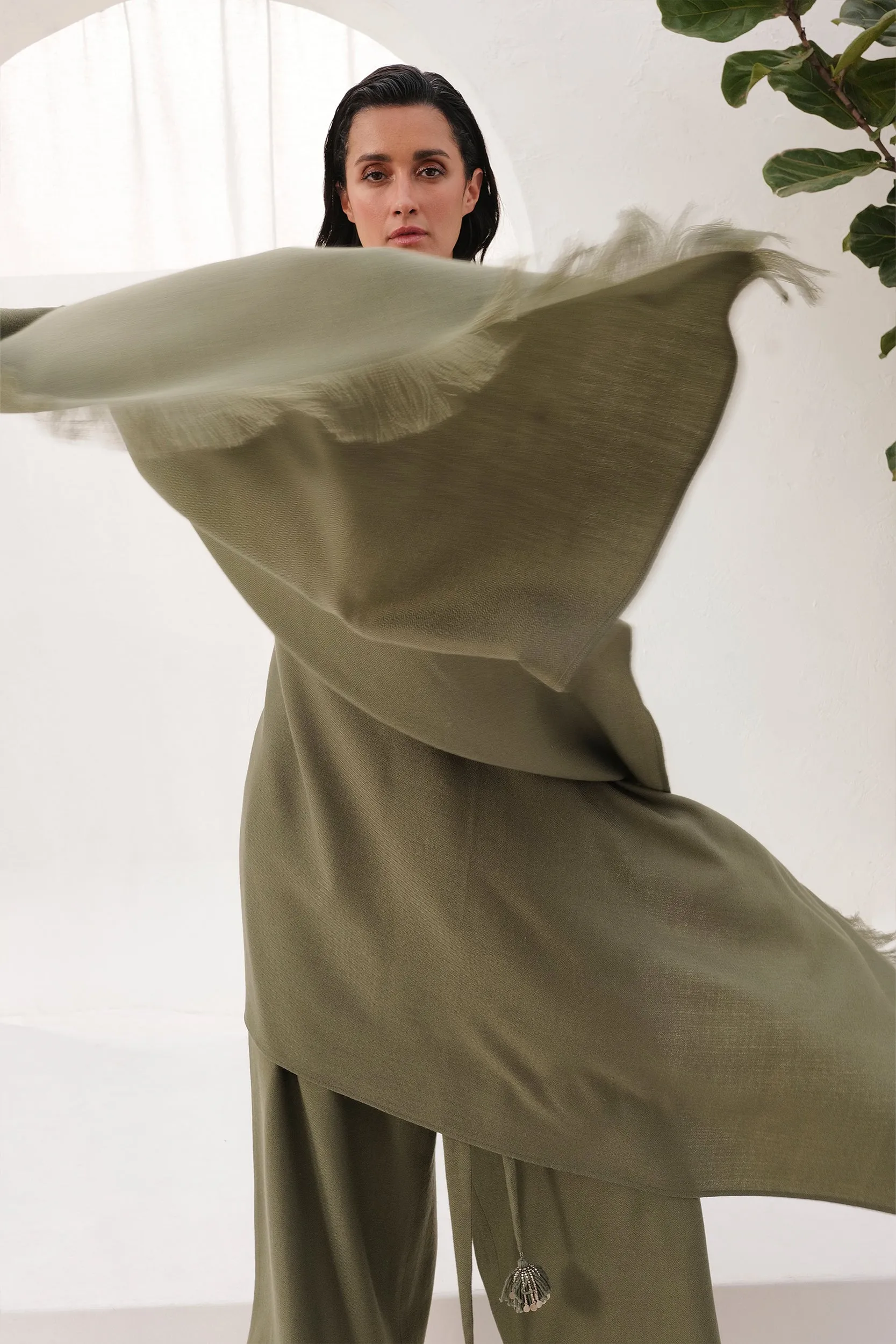 Hallstatt Woollen Jumpsuit & Sand Woollen Shawl (Moss)