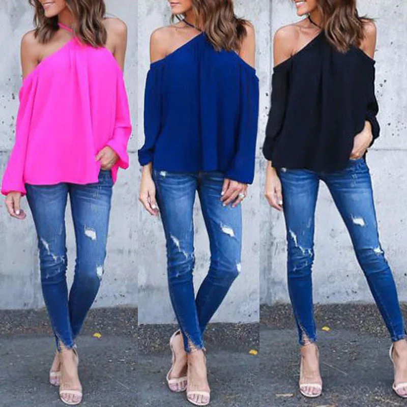 Halter Neck Bowknot Shirts Elegant Women Off Shoulder Blouses Casual Slim Chiffon Tops