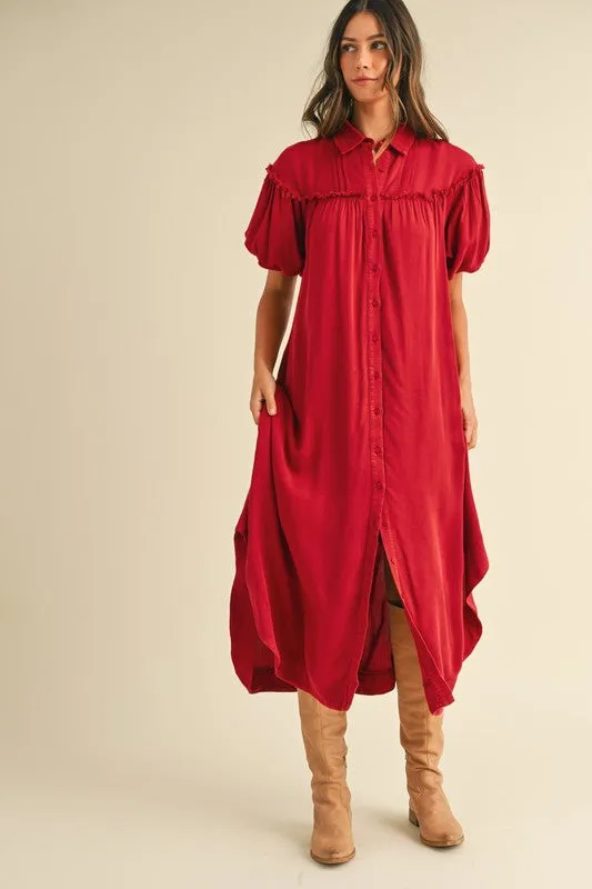 Hazel Blues® |  Annie Wear Mineral Washed Button Down Puff Sleeve Shirt Dress