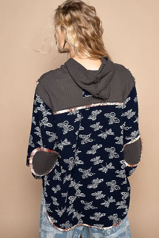 Hazel Blues® |  POL Butterfly Waffle-Knit Half Button Hooded Knit Top