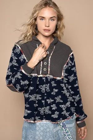 Hazel Blues® |  POL Butterfly Waffle-Knit Half Button Hooded Knit Top