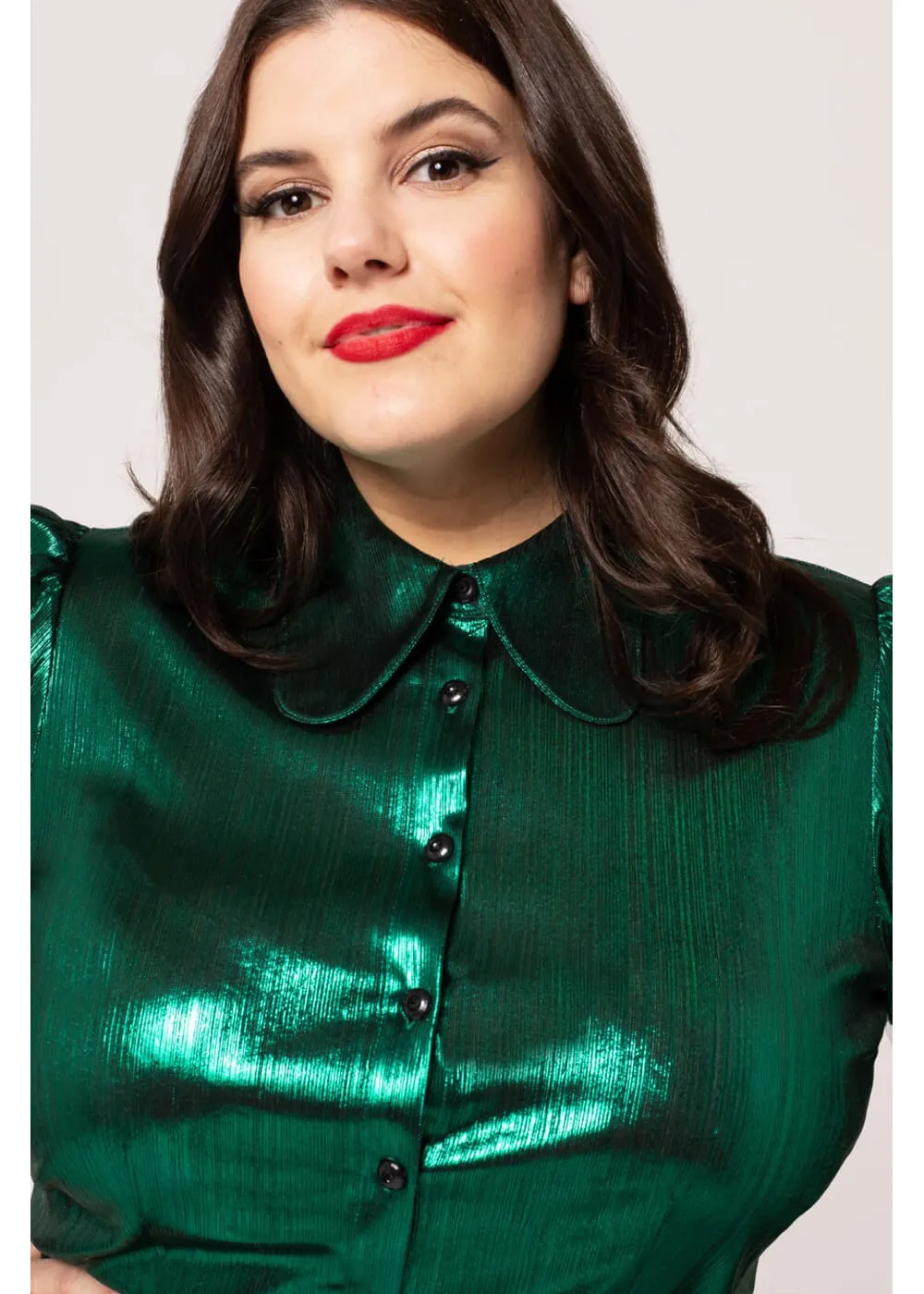 Hell Bunny Gigi Metallic 70's Blouse Green