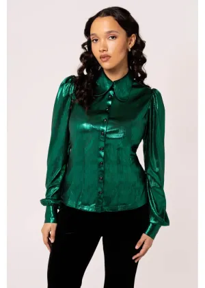 Hell Bunny Gigi Metallic 70's Blouse Green