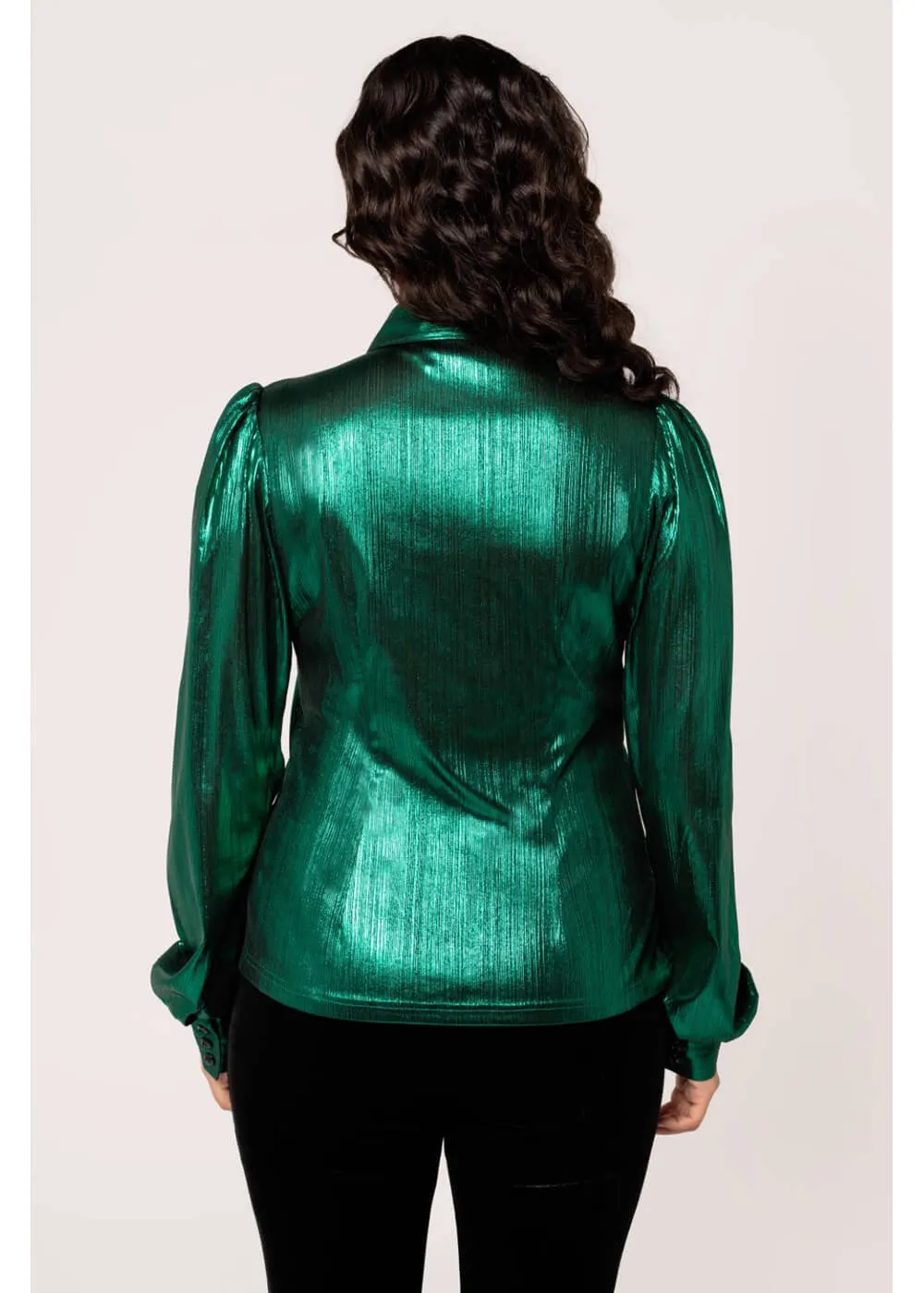 Hell Bunny Gigi Metallic 70's Blouse Green