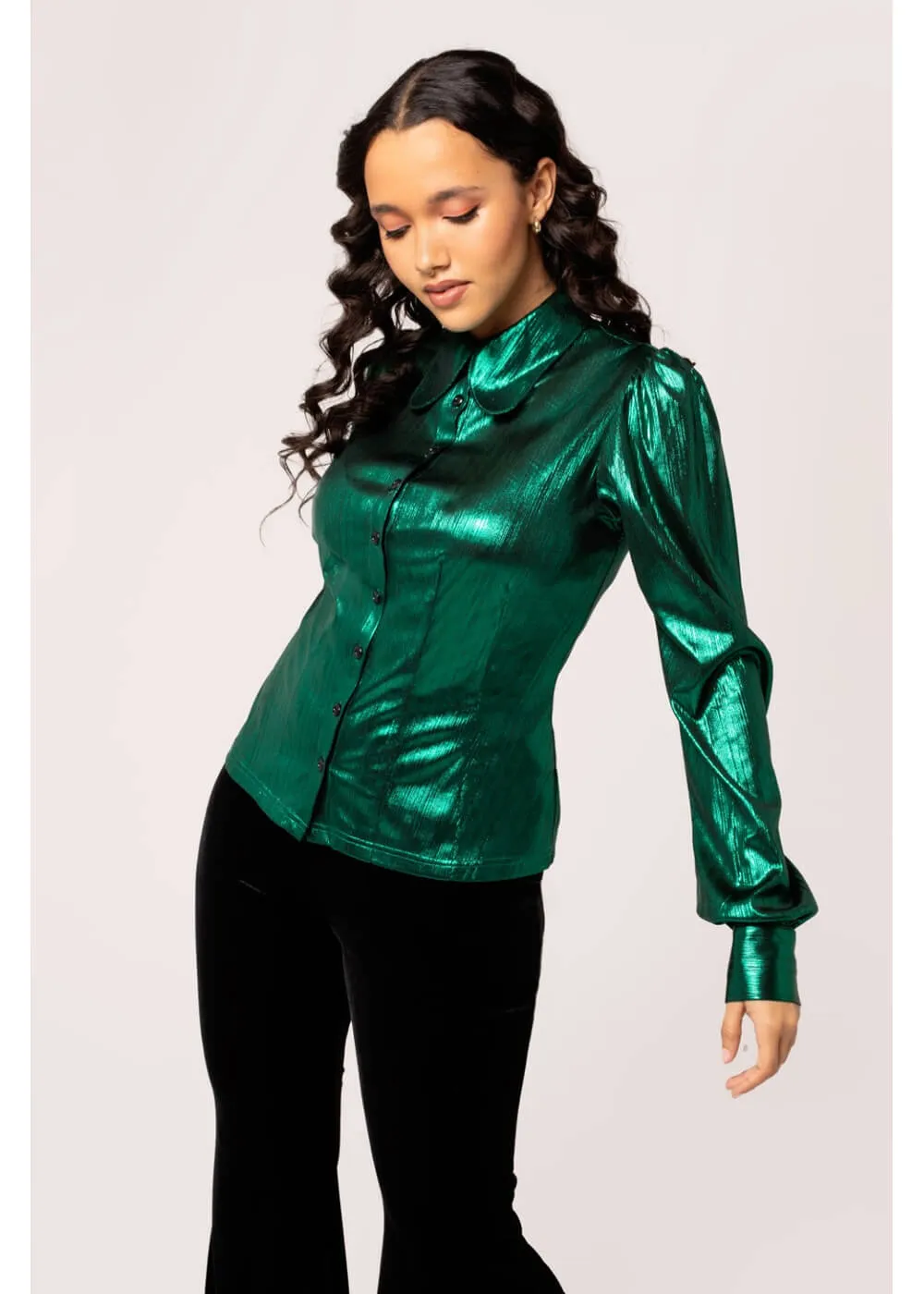 Hell Bunny Gigi Metallic 70's Blouse Green