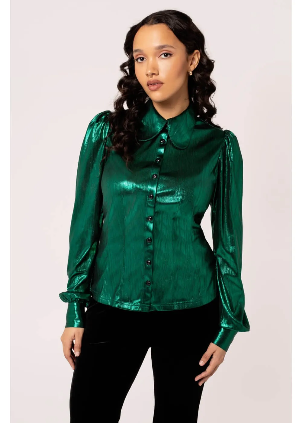 Hell Bunny Gigi Metallic 70's Blouse Green