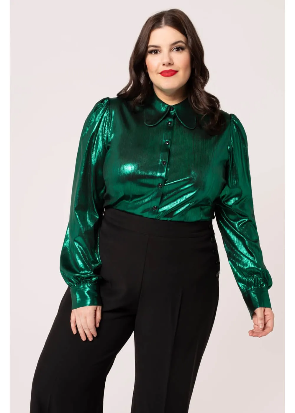 Hell Bunny Gigi Metallic 70's Blouse Green