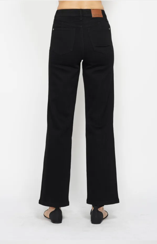 High Waist Straight Leg Black Denim - Tummy Control
