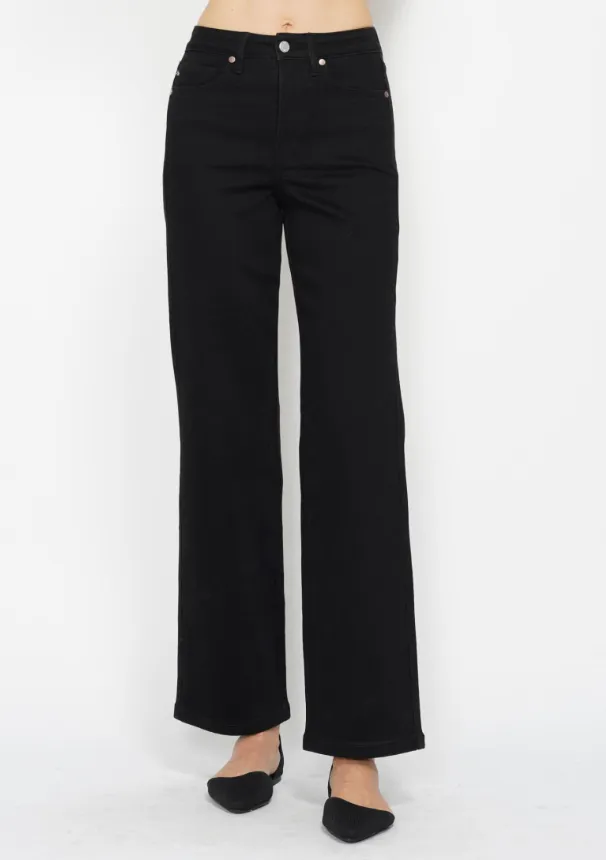 High Waist Straight Leg Black Denim - Tummy Control
